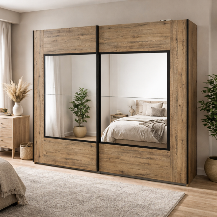Armoire coulissante aspect bois avec deux grands miroirs
