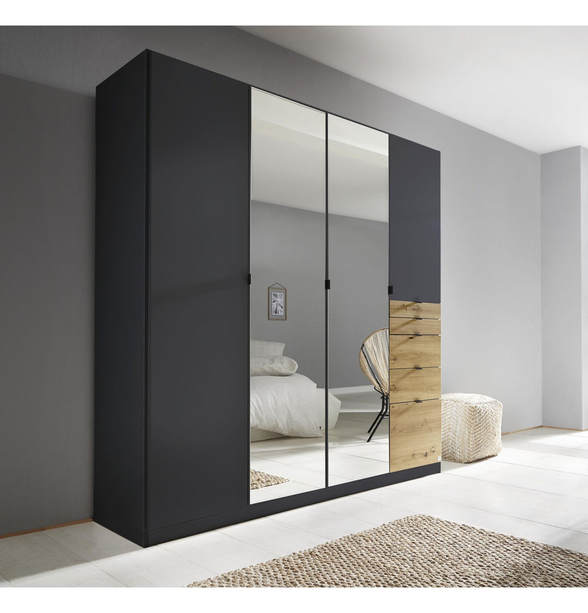 Armoire contemporaine anthracite avec miroirs et détails effet bois